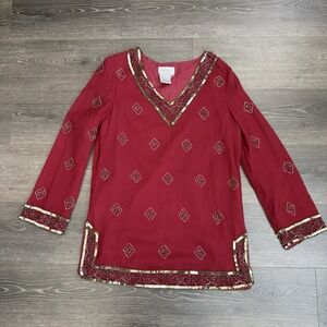 Vtg Papell Studio Beaded Top Womens M Red Silk  Sequin Evening Fairycore Holiday